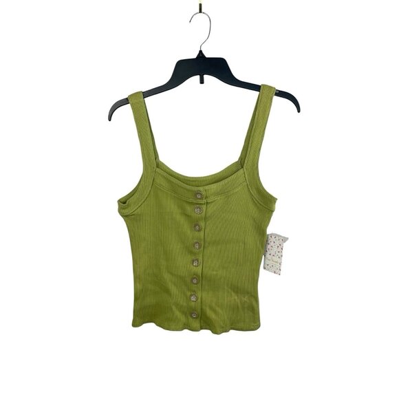 Free People Bridgette Tank Top Ribbed Button Front Tarragon Green Medium NWT - Picture 1 of 5
